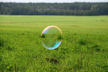 Large soap bubbles in the air. Large rounded soap bubbles fly against the background of a field...
