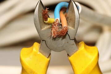 Electrical wires in the process of being cut with a side cutter. The side cutter has yellow grips. The wires are blue, brown and yellow-green. The wires of European single phase wiring.