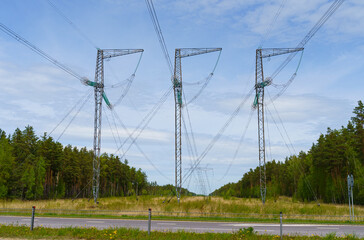 Towers and high-voltage power lines in the forest.