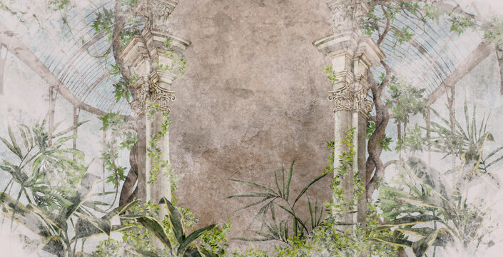  art drawing greenhouse with columns in which tropical trees grow all on a textured background photo wallpaper © Viktorious_Art