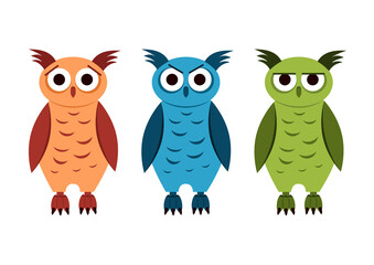 Three colorful cartoon owls with different emotions. Isolated vector wild animals in flat style on white