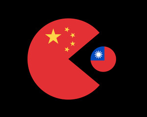 Small Taiwan is seized and captured by large China - Chinese occupation, annexation of country and nation. Vector illustration isolated on black. - obrazy, fototapety, plakaty
