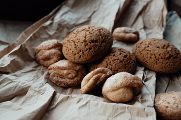 Bakery products. Homemade cookies with sugar on a paper background. Background image, copy space.