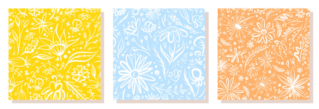 White flowers with blue background. Vector illustration. Seamless pattern.