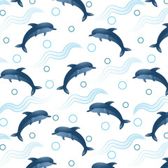 Seamless pattern with dolphins, waves and bubbles. Cartoon vector graphics. For print, design, wallpaper, decor, textile and packaging.