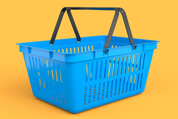 Plastic basket from supermarket for online shopping on yellow background.