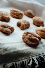 Bakery products. Homemade cookies with sugar on a towel background. Background image, copy space.