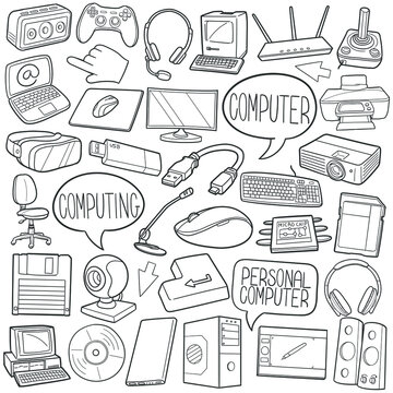 Computing Doodle Icons. Hand Made Line Art. computer Clipart Logotype Symbol Design.