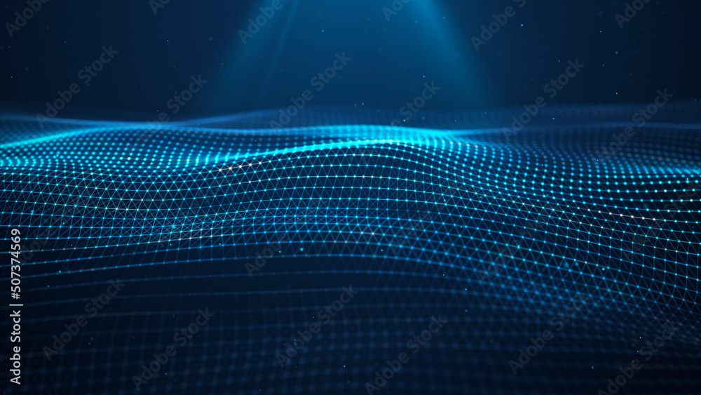 Poster futuristic glowing wave. the concept of big data. network connection. cybernetics. abstract dark bac