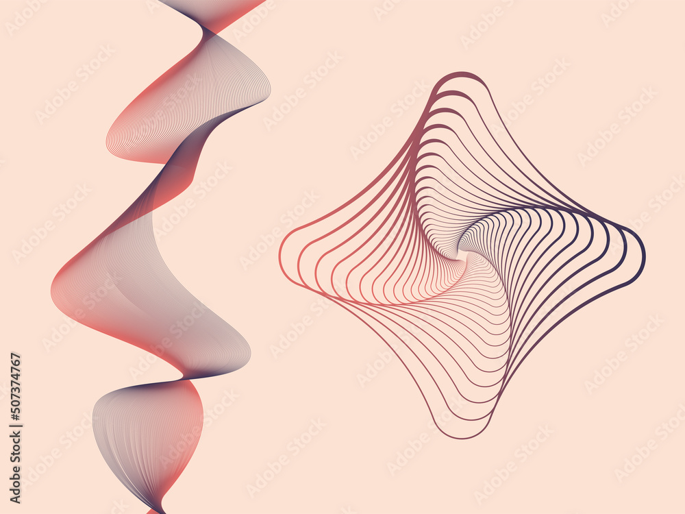 Poster a set of vectors for design. 3d tunnel. a twisted tunnel of geometric shapes and a winding wave. abs
