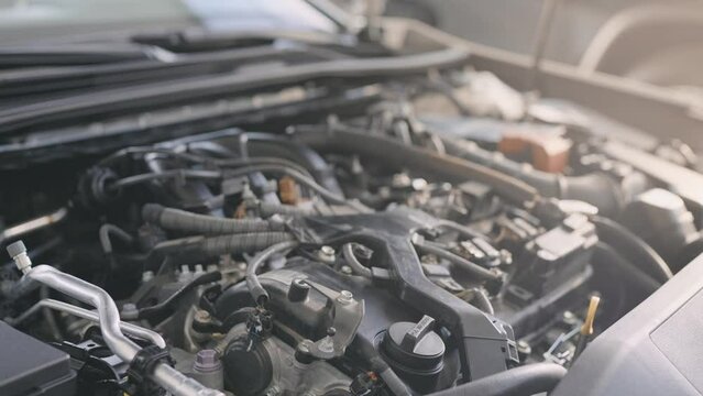 Internal combustion engine, under the hood. Service car.