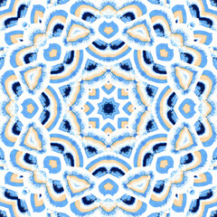 Blue acrylic and golden smears seamless pattern on white background. Kaleidoscope geometric mandala