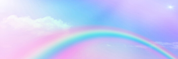 Colorful sky with soft white clouds and the crossing of rainbows. pastel colored magical fantasy background. Sweet Dreams concept for Wallpaper, Backdrops and Design.