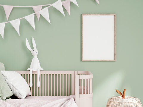 vertical frame mockup in kids room interior, 3d render