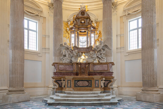 Baroque catholic church altar in Italy. Old interior religious building.