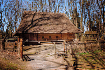 Ancient wooden traditional Ukrainian house on the territory of the park Shevchenko hai in Lviv