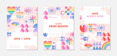 Fototapeta na wymiar Pride month poster templates.LGBTQ+ community vector illustrations in bauhaus style with geometric elements and rainbow lgbt symbols.Human rights movement concept.Gay parade.Colorful cover designs.