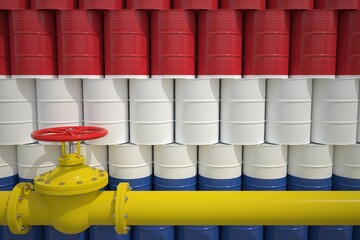 Gas pipe and barrels with petrochemicals with flag of Netherlands. Petroleum industry related 3d rendering