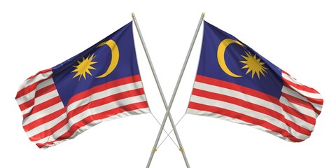 Isolated flags of Malaysia on white background. 3D rendering