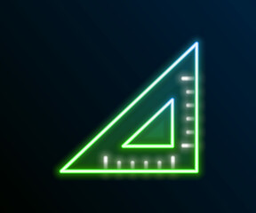 Fototapeta premium Glowing neon line Triangular ruler icon isolated on black background. Straightedge symbol. Geometric symbol. Colorful outline concept. Vector