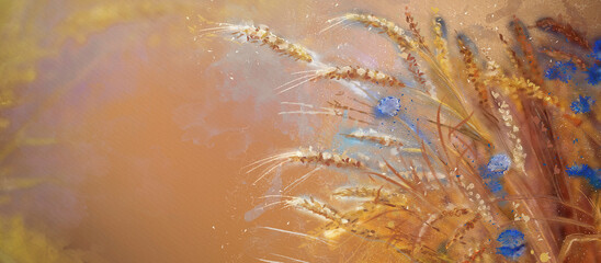 Field of grain in summer. Watercolor design banner - obrazy, fototapety, plakaty