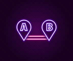 Glowing neon line Route location icon isolated on black background. Map pointer sign. Concept of path or road. GPS navigator. Colorful outline concept. Vector