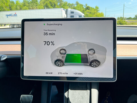 A Tesla computer screen showing that this Tesla is charging it's batteries while it is parked at a Tesla Supercharger station.