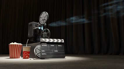 movie projector, slate and popcorn in dark place, 3drendering