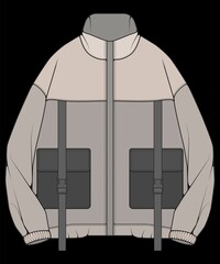 Windbreaker jacket technical fashion illustration multicolor , long sleeves, welt pockets. template front jacket, with black color background. Women, men, unisex.  © litnik