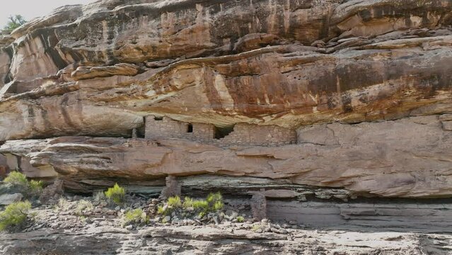 Aerial Indian cliff dwelling south Utah. Montezuma Canyon southern Utah. Ancient native American, Indian dwelling, kiva, house, cliff dwelling, granary,  rock art, hieroglyphs.