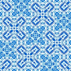 Blue white watercolor azulejos tile background. Seamless coastal geometric floral mosaic effect. Ornamental arabesque all over summer fashion damask repeat