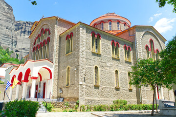 the main Greek Orthodox church in the little town of Kalampaka. Greece summer cloudy day in Meteora...