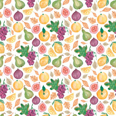 Watercolor fruit seamless pattern, hand drawn grapes and garden fruits repeat paper, pear, plum and lemon print, eco food scrapbook paper.