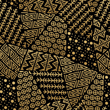 Mayan patchwork seamless pattern. Tribal geometric vector swatch. Zigzag background for cover design. Retro chevron line vector print. Navajo ornamental texture. Black and gold colors.