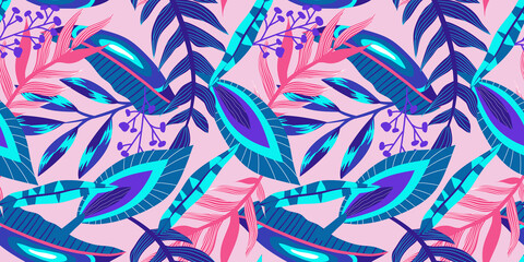 Neon tropic floral seamless pattern on pink background. Floral neon for bright summer design. Tropic jungle in abstract style on pink background.