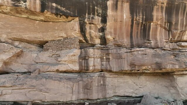 Aerial Indian cliff dwelling grainary southern Utah. Montezuma Canyon southern Utah. Ancient native American, Indian dwelling, kiva, house, cliff dwelling, granary,  rock art, hieroglyphs.