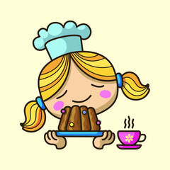 girl cook with fresh baked cake on tray 