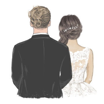 Groom with Bride side by side hand drawn Illustration