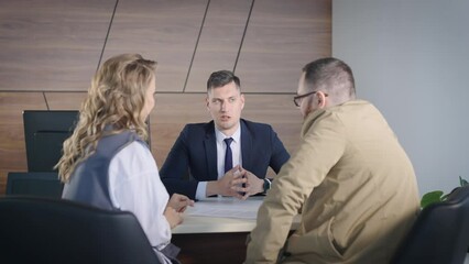 A solid sales manager of a large financial company concludes an agreement with a married couple. Insurance and financial products need to be properly designed.