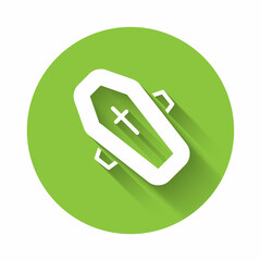 White Coffin with christian cross icon isolated with long shadow. Happy Halloween party. Green circle button. Vector
