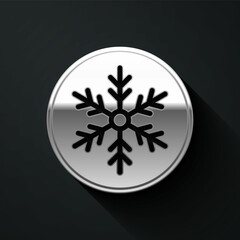 Silver Snowflake icon isolated on black background. Merry Christmas and Happy New Year. Long shadow style. Vector