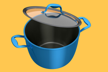 Stainless steel stewpot and chrome plated aluminum cookware on yellow background