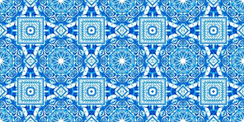 Blue white watercolor azulejo tile border background. Seamless coastal geometrical floral mosaic effect banner. Ornamental arabesque summer fashion repeat edge trim.
