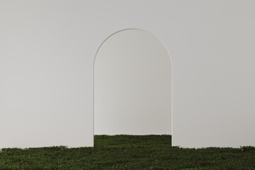 Empty white room with arch door and green grass lawn in the room, wall design and concrete floor, abstract minimalist space or gallery. 3d render 