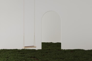 Empty white room with arch door and green grass lawn in the room,wooden swing, wall design and concrete floor, abstract minimalist space or gallery. 3D render 