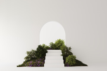 Empty white room with arch door and stairs with composition of a hill with flowers and trees. Product presentation space or gallery. Nature pedestal.3D background. Studio 3D render illustration - obrazy, fototapety, plakaty