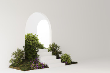 Empty white room with arch door and stairs with composition of a hill with flowers and trees. Product presentation space or gallery. Nature pedestal.3D background. Studio 3D render illustration - obrazy, fototapety, plakaty