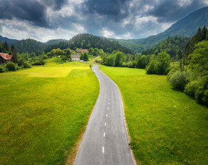 Fototapeta na wymiar Aerial view of road in green meadows and hils at sunset in summer. Top view from drone of rural road, mountains, forest. Beautiful landscape with roadway, trees, green grass, cloudy sky. Slovenia