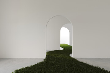 3D render empty white room with arch door and with a grass path, wall design and concrete floor, abstract minimalist corridor with lawn - obrazy, fototapety, plakaty