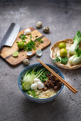 Traditional asian noodle soup with bok choi and chicken in ceramic bowl.